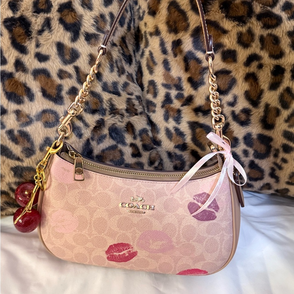 Coach Pink Kiss-Print Shoulder Bag with Gold Chain Strap